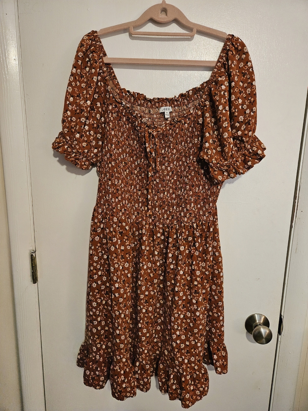 Floral Smocked Midi Dress in Rust Brown